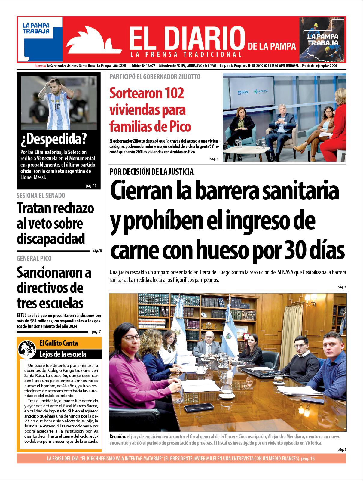 Tapa de El Diario en papel  jueves 04 de septiembre de 2025